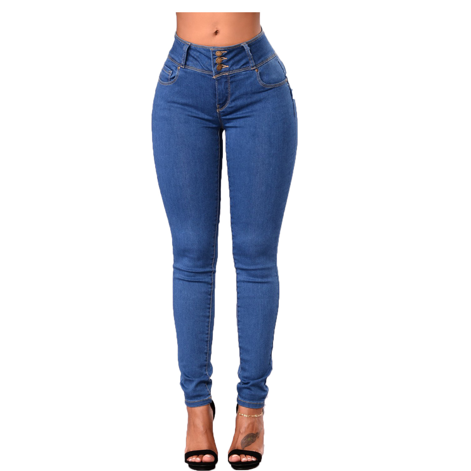 Nuevos pantalones vaqueros de mezclilla con botones de estilo urbano para otoño, cintura media, jeans para mujer, venta al por mayor en stock