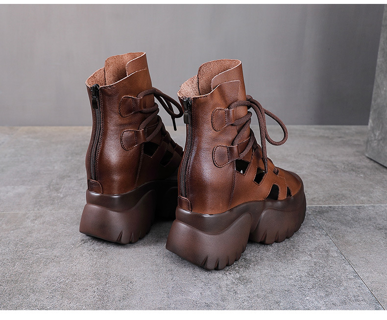 Boot nữ da bò cổ ngắn hở mũi đế cao kiểu La Mã — Màu đen chi tiết 18