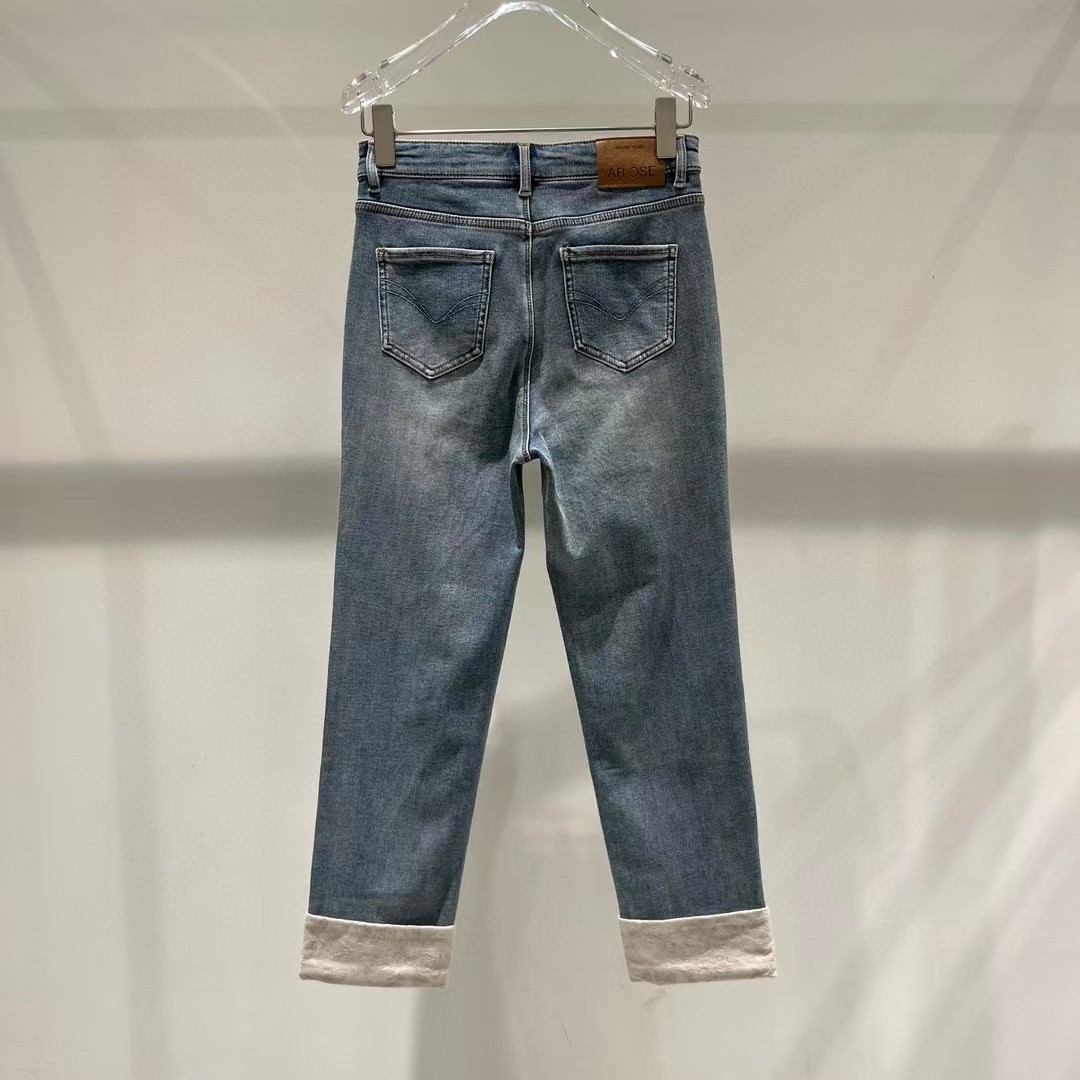 재고 2024 가을 새로운 캐주얼 조커 자카드 롤 다리 높은 허리 스트레이트 청바지 바지 41013202