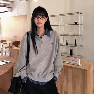 美式复古学院风格子假两件卫衣女秋冬2024新款松弛感慵懒韩系上衣