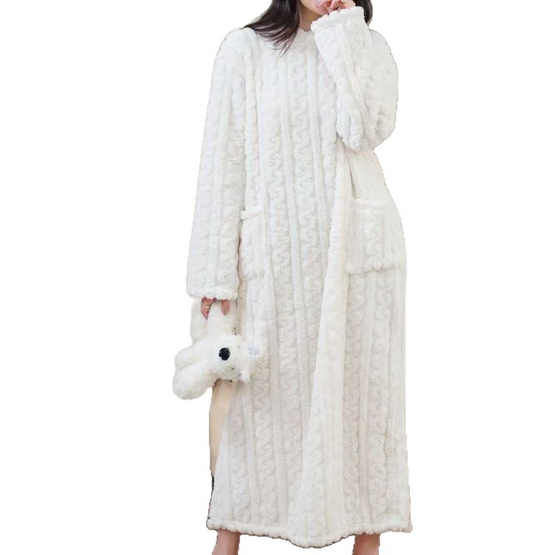 珊瑚绒睡裙女秋冬款大码提花舒棉绒睡衣保暖家居服中长款浴袍裙子|undefined