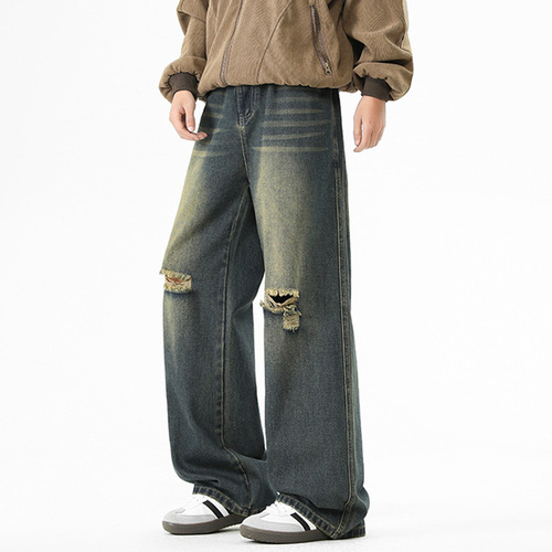 Vintage, broken hole, young and young jeans, men's four-season new style, loose, wide-leg, high-rise, fashionable straight casual long pants