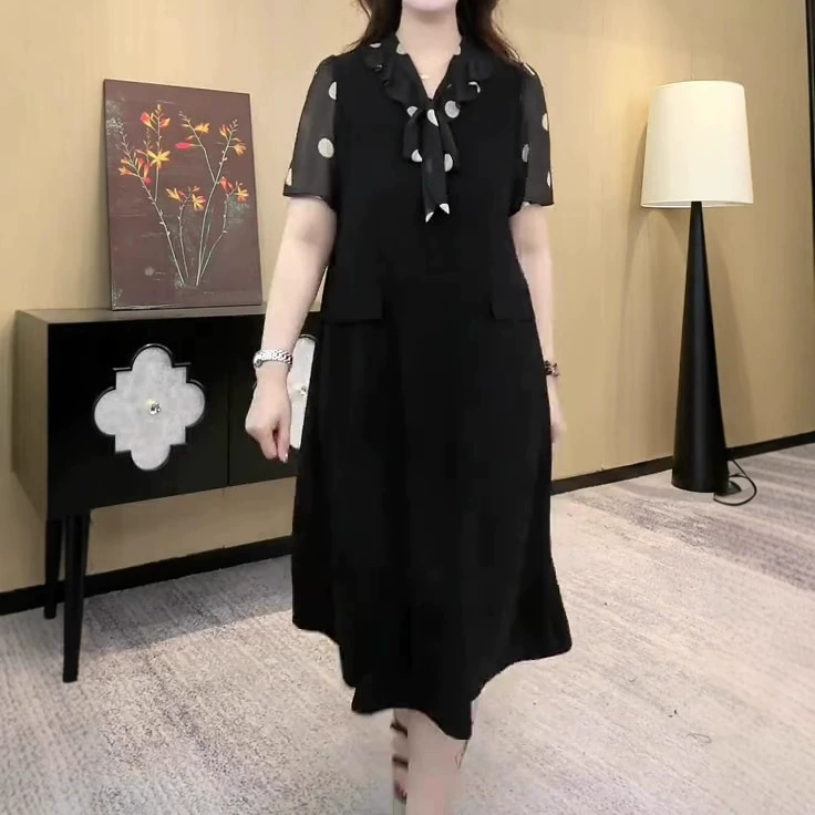 Летнее модное женское темпераментное повседневное платье из шифона с бантом в горошек, женская одежда для похудения больших размеров