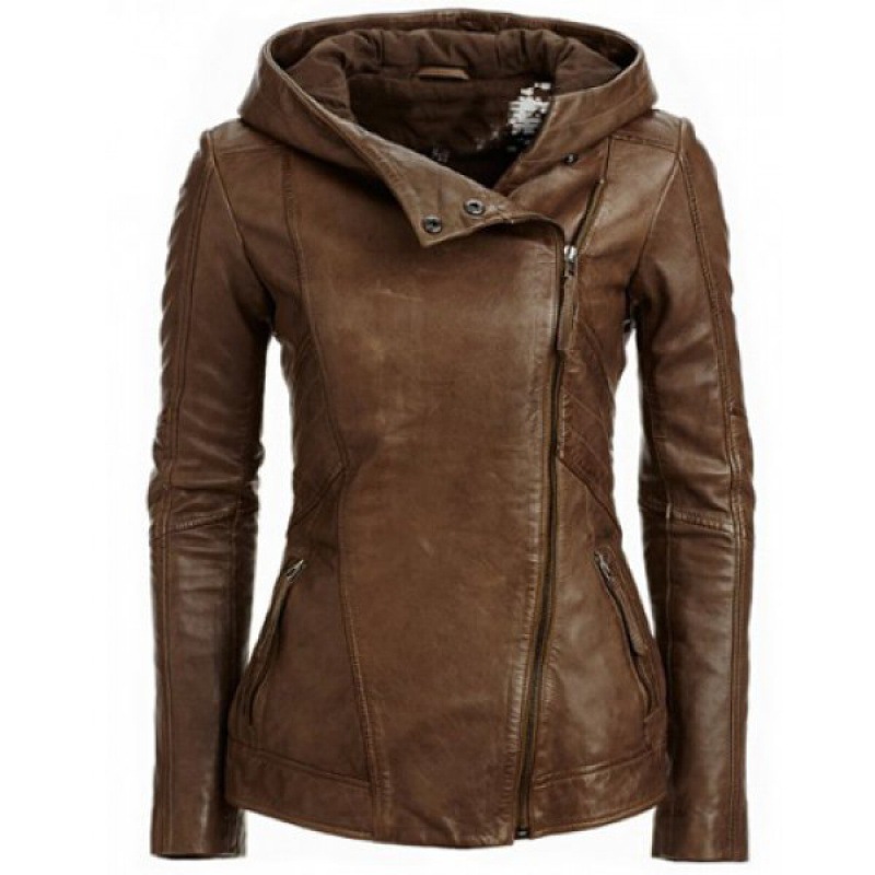 European And American Fashion Hooded Long-sleeved Solid Color Women's Leather Jacket Jacket Pu Leather Women's Spot
