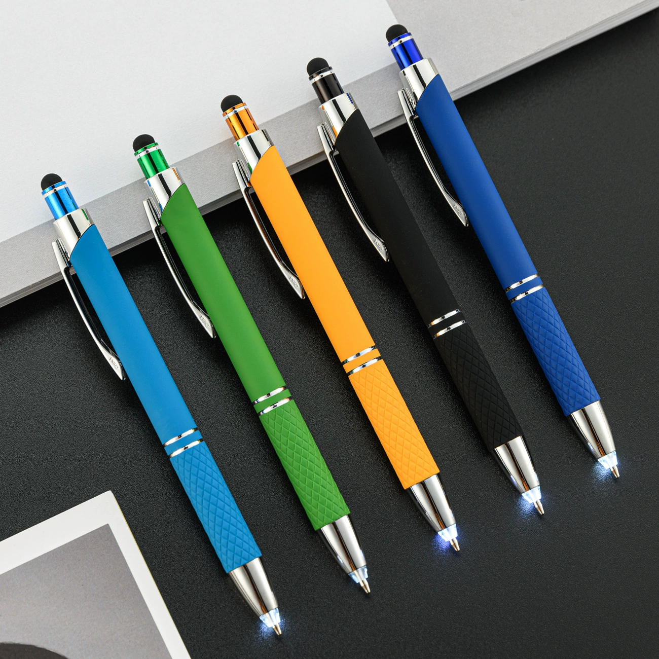 Universal creative metal multicoloured bulb, LED ballpoint pen for office for elementary school students, three in one