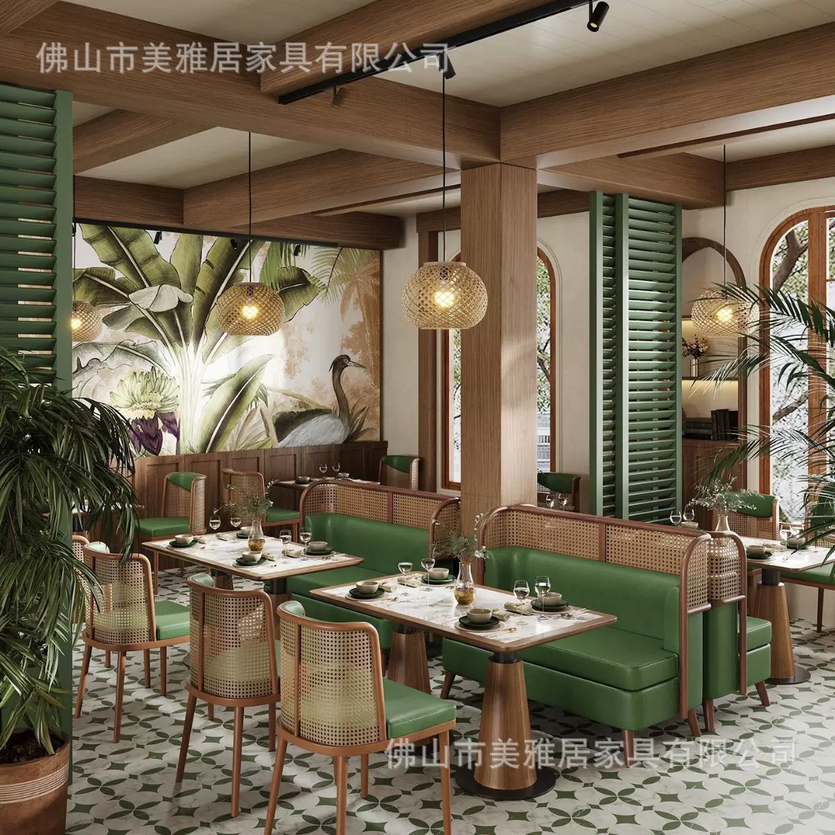 卡座沙发桌椅组合东南亚风泰式主题餐厅编藤实木商用定制靠墙椅子