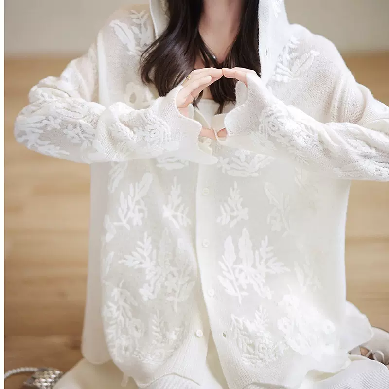 大喜|白色恋人针织衫|绵开衫25新款刺绣连帽针织上衣女2025秋季新