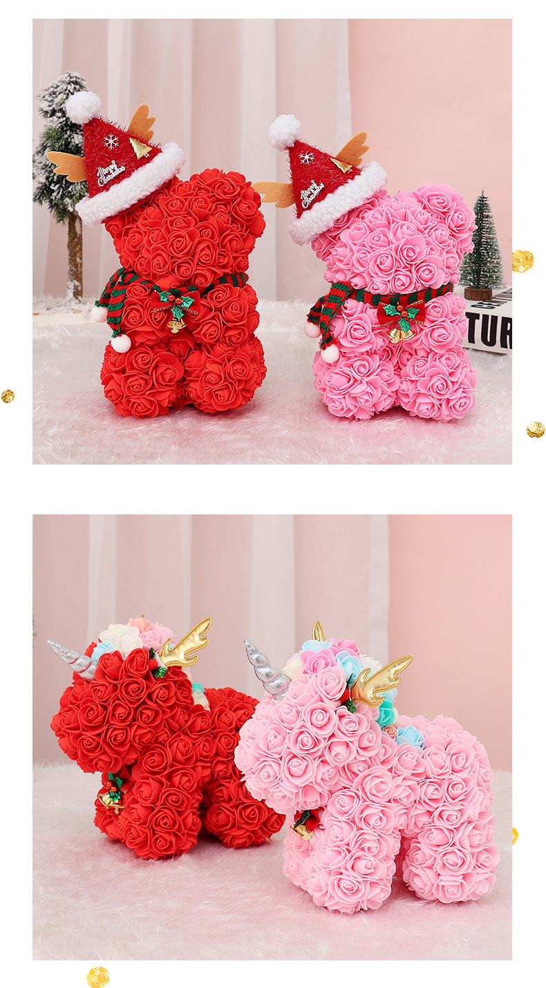 Regalos navideños: Rosa preservada con forma de oso, ideal como regalo de Navidad para niños. Adornos navideños de unicornio con forma de oso y flores de espuma PE. Adornos adorables._voghion.com