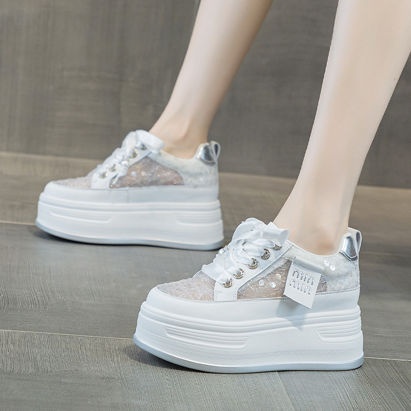 2025 Spring and Summer New Versatile Thick-Soled Inner Heightening Mesh Breathable White Shoes Sequined Mesh Shoes Casual Platform Shoes
