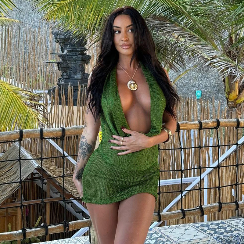 2025 New Summer European and American Cross-Border Dress Sexy Backless Halterneck Strap Knitted Dress Hip-Covering Short Skirt