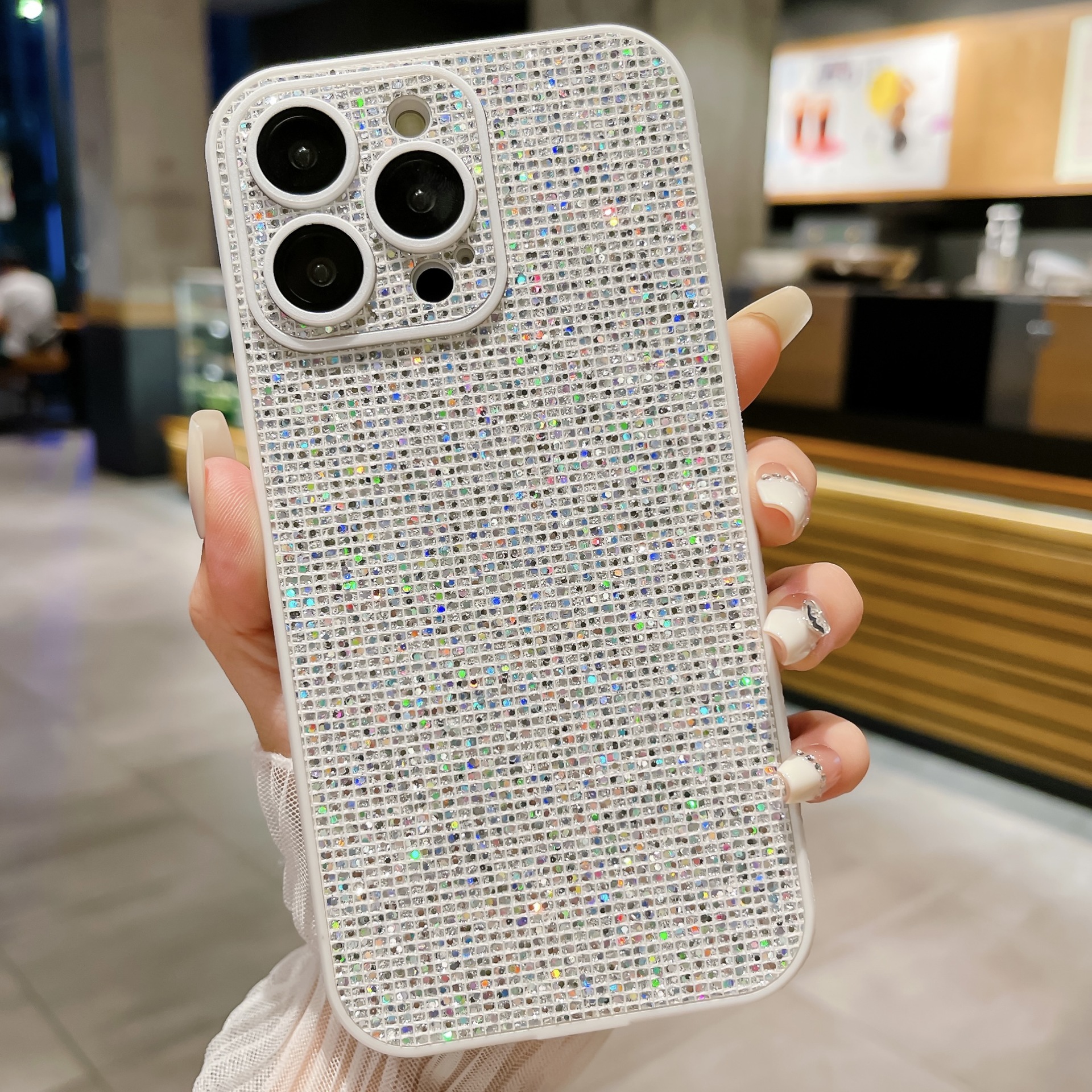 Adatto per la custodia glitterata per iPhone 15 PRO, custodia per telefono con diamante con bordo laterale in pellicola per obiettivo Apple 14_voghion.com