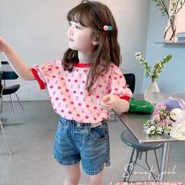 女童短袖T恤2025新款夏装儿童韩版洋气花朵上衣小宝宝夏季体恤衫