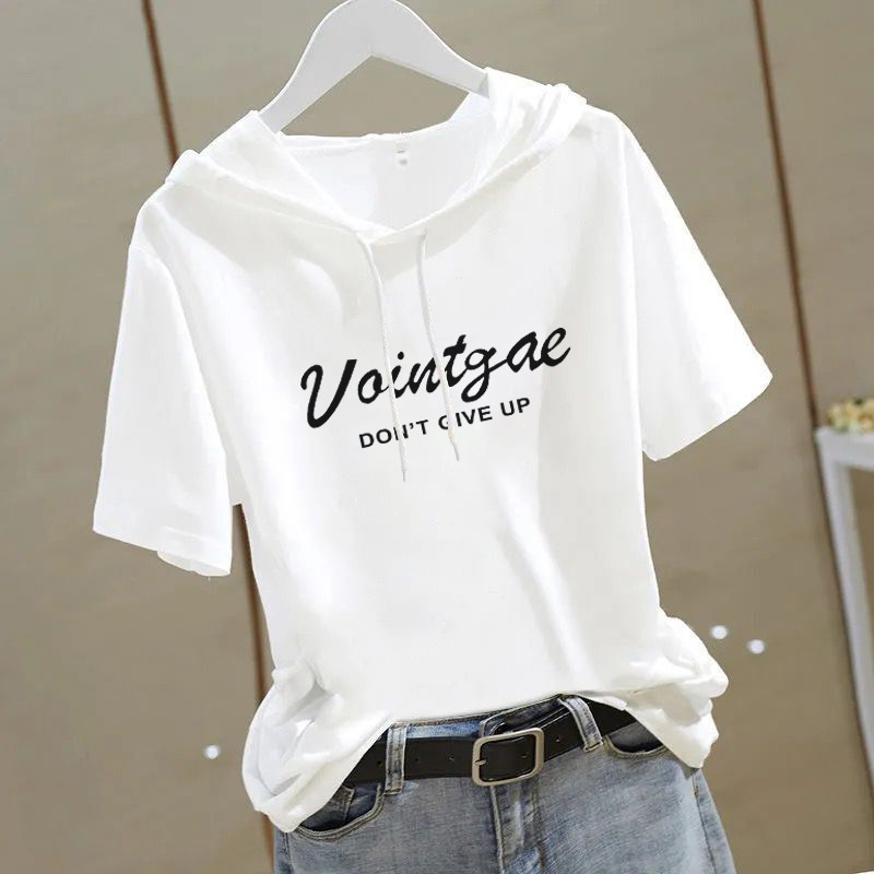 100 Cotton New Hooded T-shirt Women's Short-sleeved 2025 Summer Age-reducing Slim-fit Loose Korean Sweatshirt Women's S Top