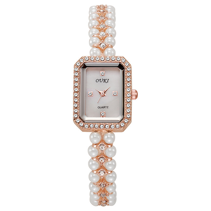 OUKI celebridad de Internet reloj de cadena de perlas medievales para mujer esfera de nácar pequeña fragancia con diamantes reloj de mujer plata