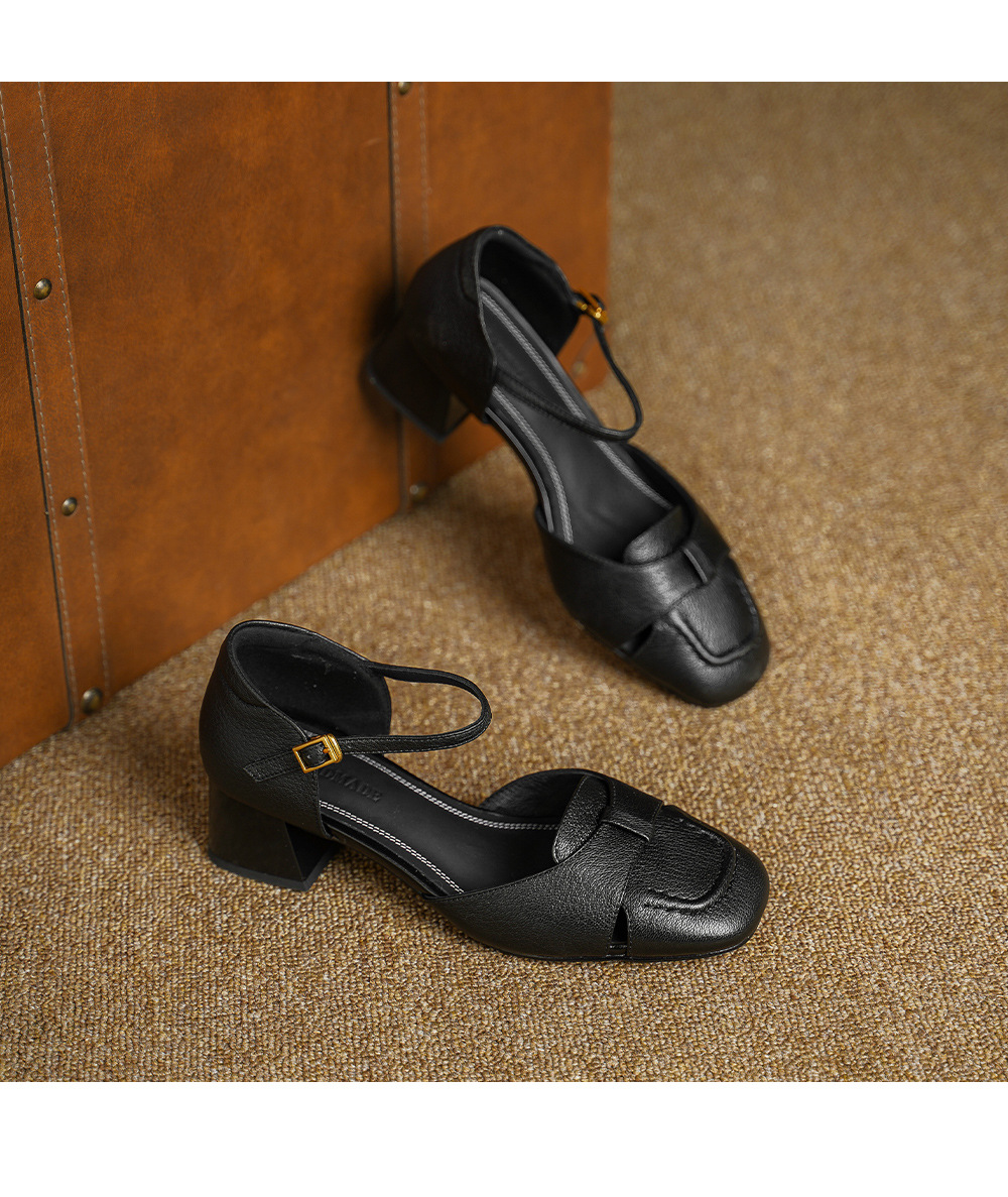 Sandal nữ da dê chạm trổ hoa văn, gót vuông 4,5 cm, mũi vuông hở mũi — đen chi tiết 13