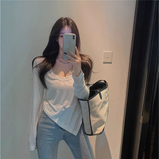 T-Shirt for Women, Slim Fit, Sexy Low-Neck, White, Stylish, Long-Sleeved, Inner Layer, Base Shirt, 2025 Autumn New Slim-Fit Top