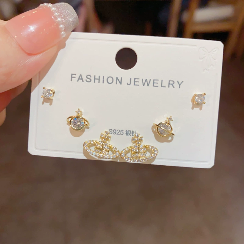Серебряная игла, короткий цирконий, универсальные серьги, набор, образец серебра 925, микроинкрустация, японская и корейская стили, простой и элегантный дизайн, набор из 3 шт.