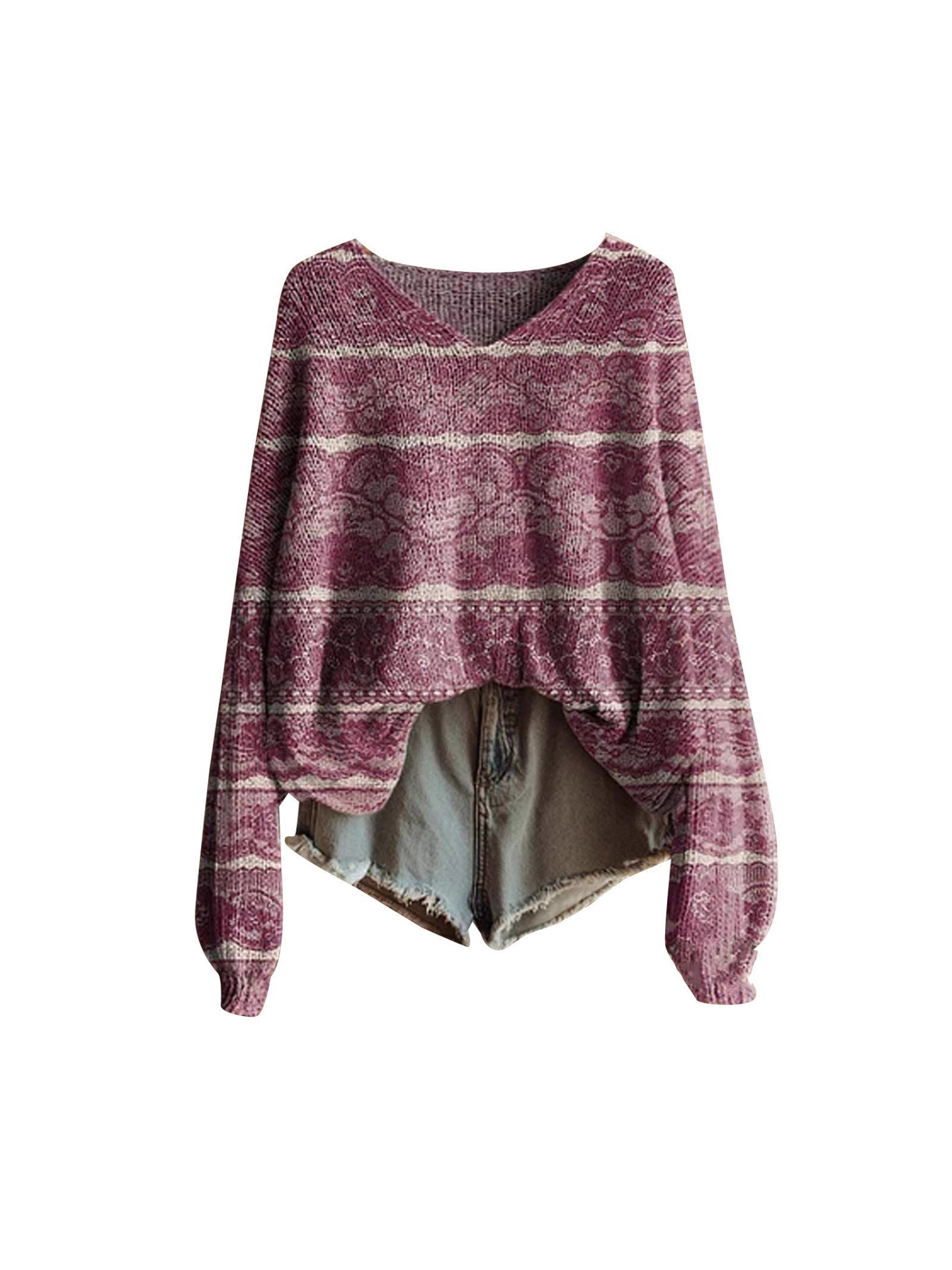 Wq-Vl01-V-Neck Pullover Sweater with 3D Printing, Long Sleeves, Amazon Hot-Selling Cross-Border Women's Clothing