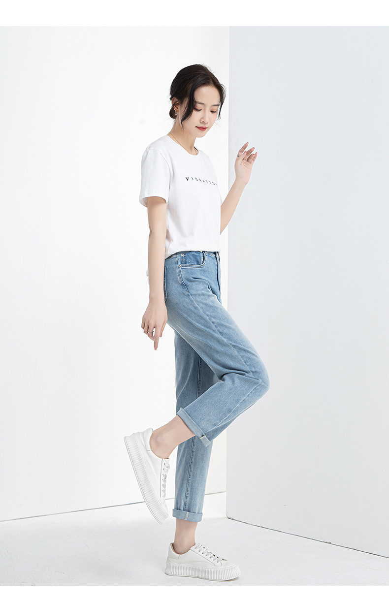 Quần jean nữ cạp cao ống rộng mỏng mùa hè, tôn dáng, viền gấu thời trang — Xanh denim chi tiết 20
