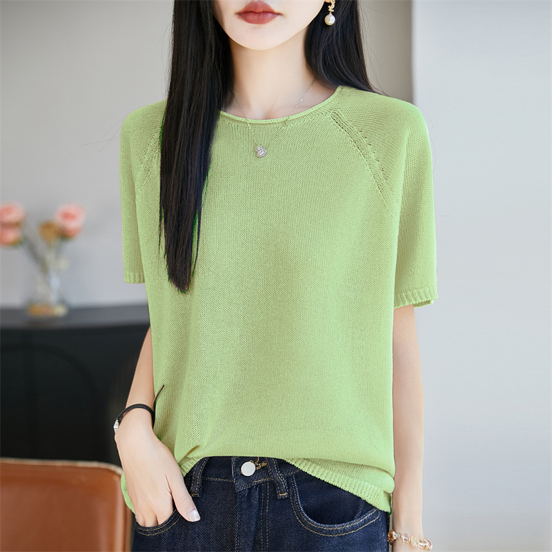 First-Line Ready-To-Wear Pearl Linen Casual Round-Neck Knit Short-Sleeve Women's Top 2026 Spring/Summer New Solid Color T-Shirt First-Line Ready-To-Wear Pearl Linen Casual Round-Neck Knit Short-Sleeve Women's Top 2026 Spring/Summer New Solid Color T-Shirt