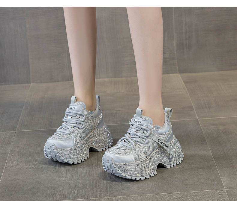 Giày sneaker nữ chunky đế dày phối đá pha lê cao cấp — Xám 5031, Be 5031 chi tiết 12