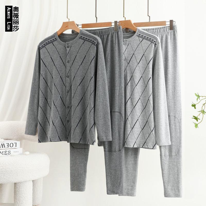 Men's Cotton Autumn Clothes and Pants plus size Loose Long Sleeve Cardigan Home Clothes suit Autumn and Winter Thickened Warm Pajamas