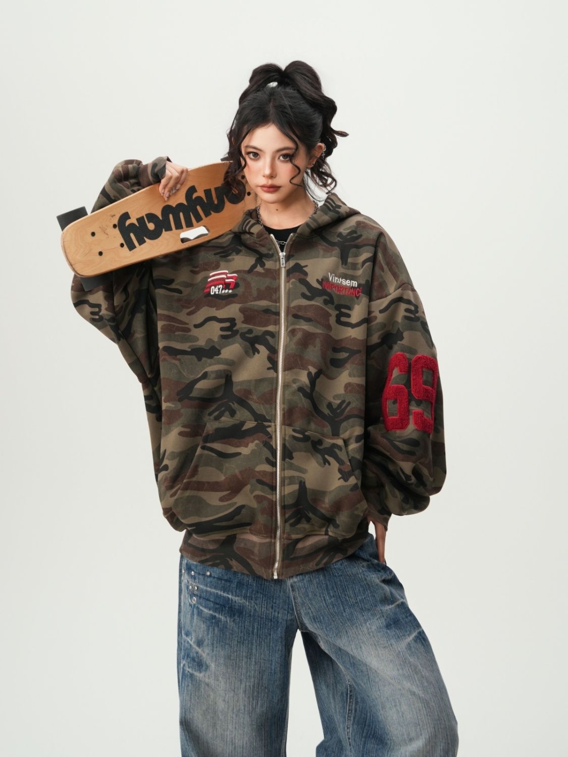American Streetwear Camouflage Cardigan Hoodie Unisex Couples Spring Vintage Trendy Oversized Casual Hooded Sweatshirt