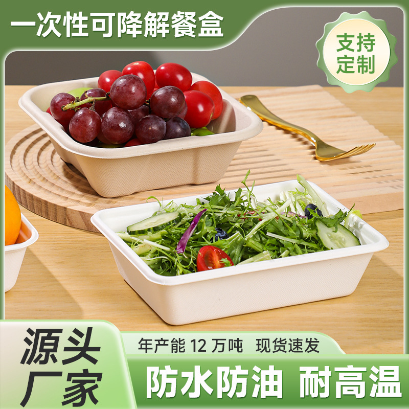 Factory Direct Sales Environmentally Friendly Degradable Compostable Customized Disposable Tableware Sugar Cane Pulp Pulp Salad Light Food Square Box