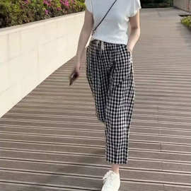 大码宽松黑白格子妈妈装九分裤女夏季休闲显瘦雪纺哈伦阔腿裤女士
