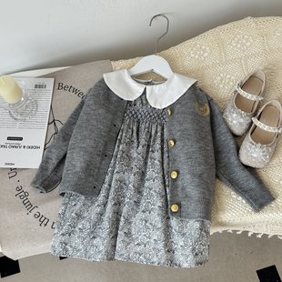 Korean children's clothing girls autumn suit 24 new children's gray knitted cardigan versatile long sleeve princess dress