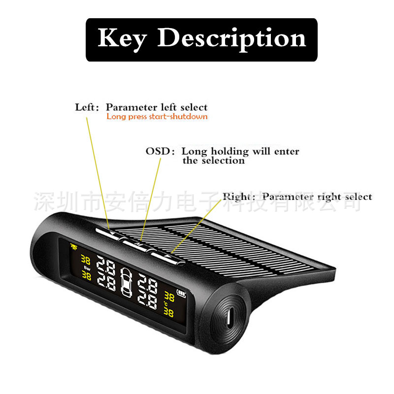 Solar-Powered Car Tire Pressure Detector Tpms with Built-In Real-Time Display of Tire Pressure for 4 Wheels