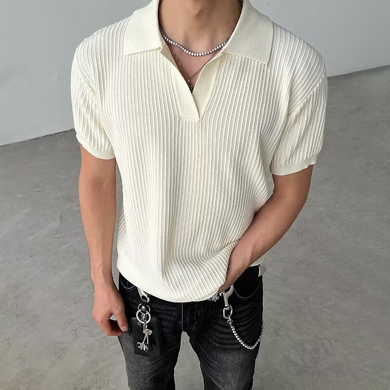 Vintage viejo estilo de dinero rayado textura solapa de manga corta camisa POLO de punto para hombre camiseta delgada de hombro recto estilo fino de verano