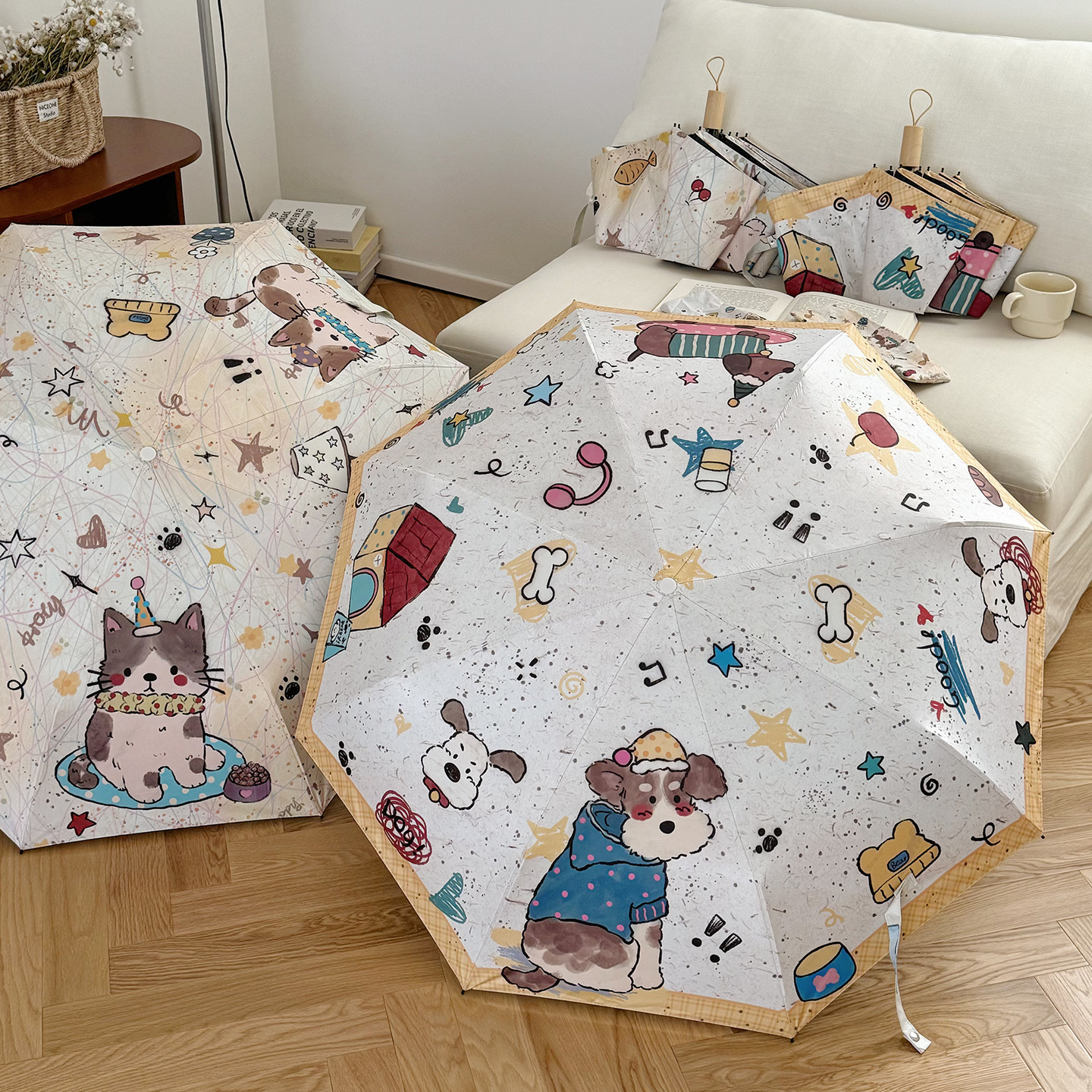 Hochwertiger, niedlicher Falt-Schirm mit Cartoon-Graffiti für Schüler, doppelt verwendbar bei Sonne und Regen, automatischer Sonnenschutz mit UV-Schutz_voghion.com