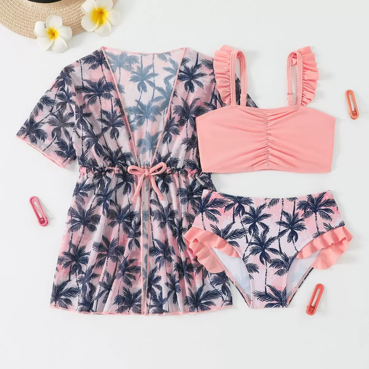 2025欧美外贸亚麻逊分体泳衣印花分体式运动款儿童亲子装