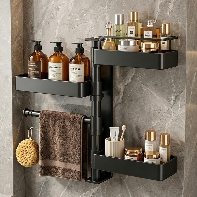 Bathroom storage rack, no-drill installation, suitable for toilets, washstands, and shower areas, wall-mounted triangular towel rack, rotating design