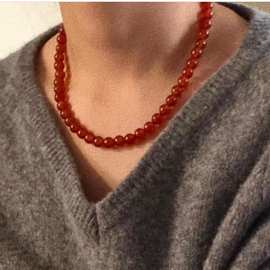 天然红玛瑙串珠项链毛衣链复古高级感本命年红色圆珠锁骨链女短款