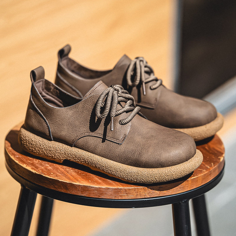 Giày da nam cổ thấp kiểu Martin phong cách retro, đế mềm chống thấm nước, form rộng cỡ lớn — Kaki, màu nâu, màu đen