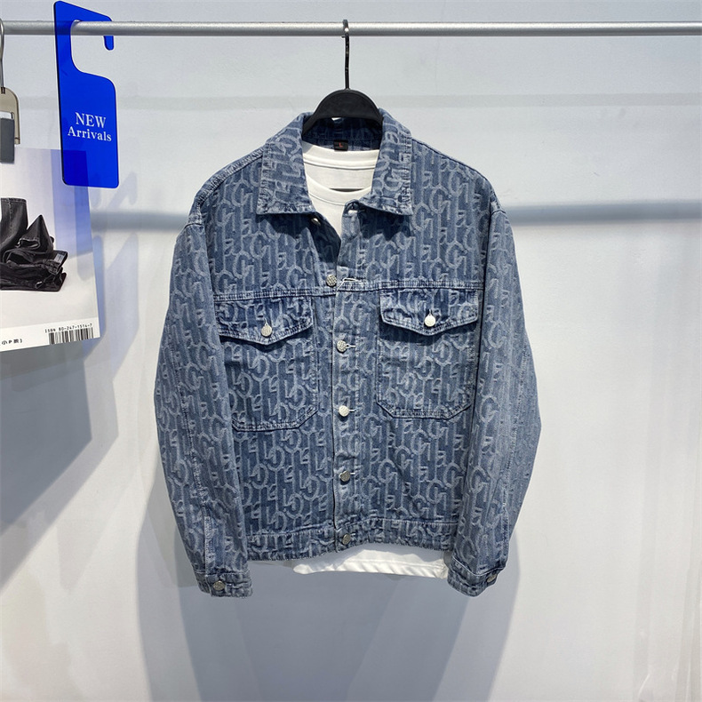 Herreklær Herre vår- og høstjakke Blå jacquard-dongerjakke Herremote-dongerjakke Ungdom B2BJD8282_voghion.com