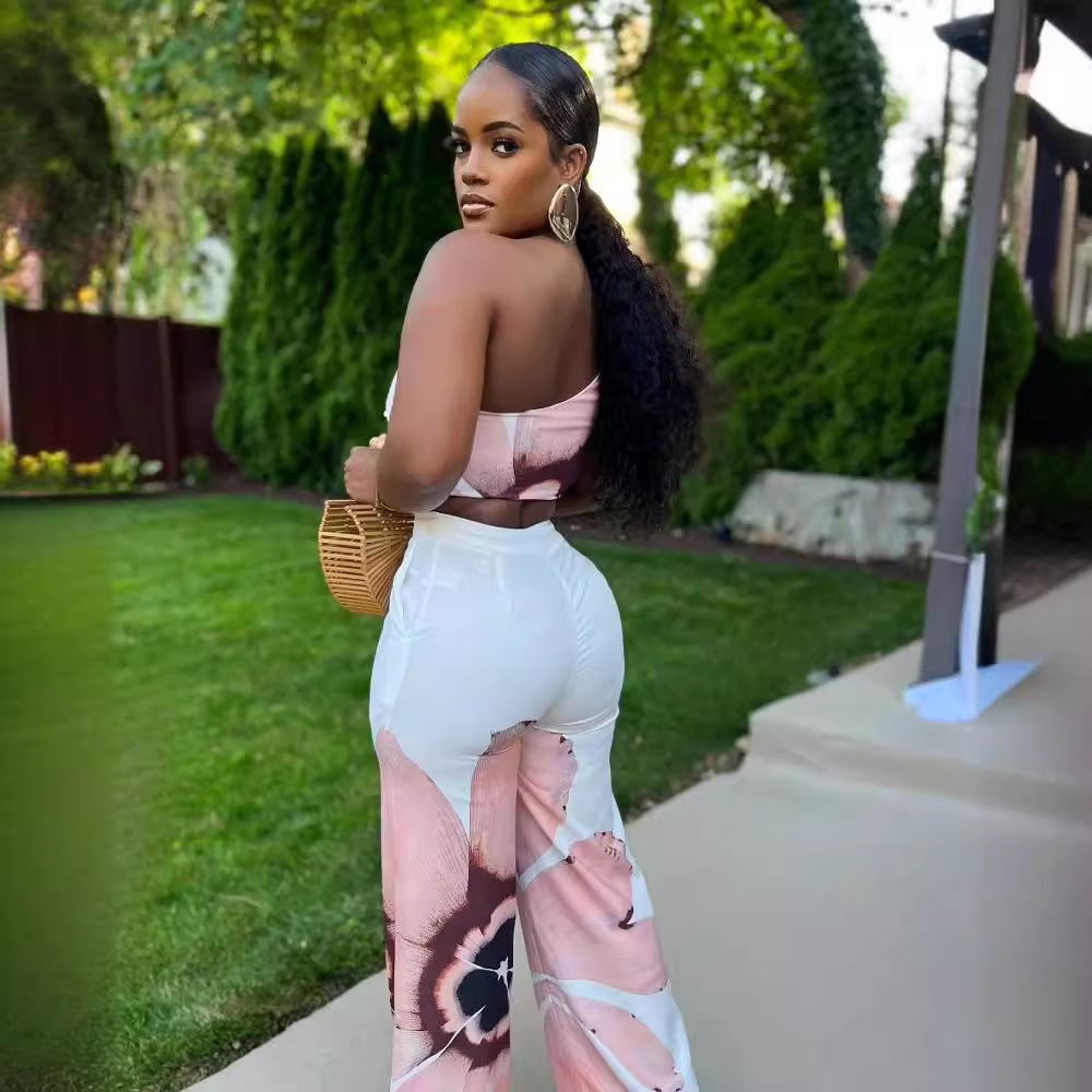 Women's Clothing printed one shoulder slim fit wide leg pants two piece set_voghion.com