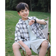 2025夏季新款男童格子衬衫纯棉 儿童短袖衬衣夏装上衣厂家批发