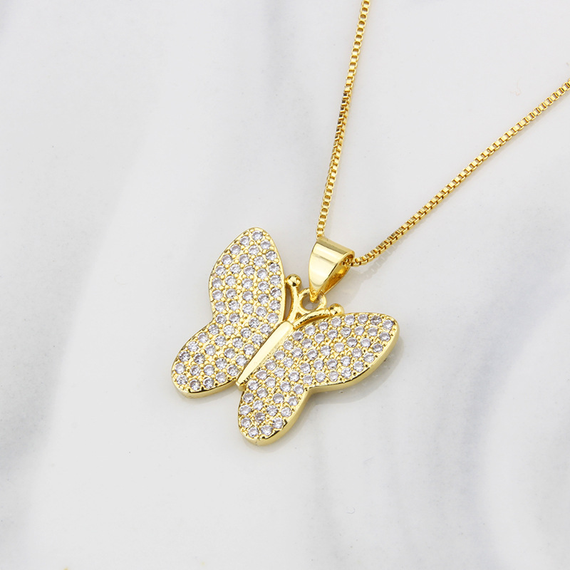 simple full diamond butterfly zirconium copper pendant necklace