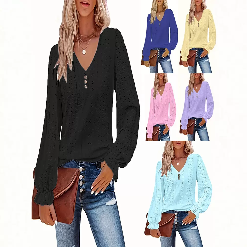 2025跨境大码女装现货欧美新款V领T恤春秋镂空休闲褶皱袖上衣独立