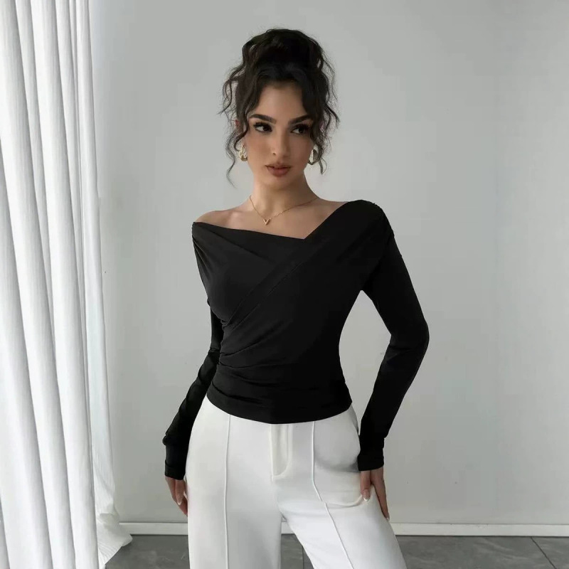 European and American cross-border 2026 autumn new solid color fashion one-shoulder V-neck off-shoulder slim-fit long-sleeve versatile commuter top European and American cross-border 2026 autumn new solid color fashion one-shoulder V-neck off-shoulder slim-fit long-sleeve versatile commuter top