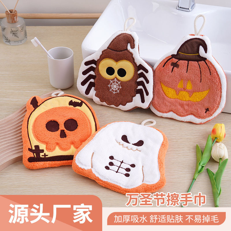 Halloween Hand Towel for Children, Cute Bathroom Thickened Cloth, Kitchen Hangable Household Coral Fleece Hand Towel