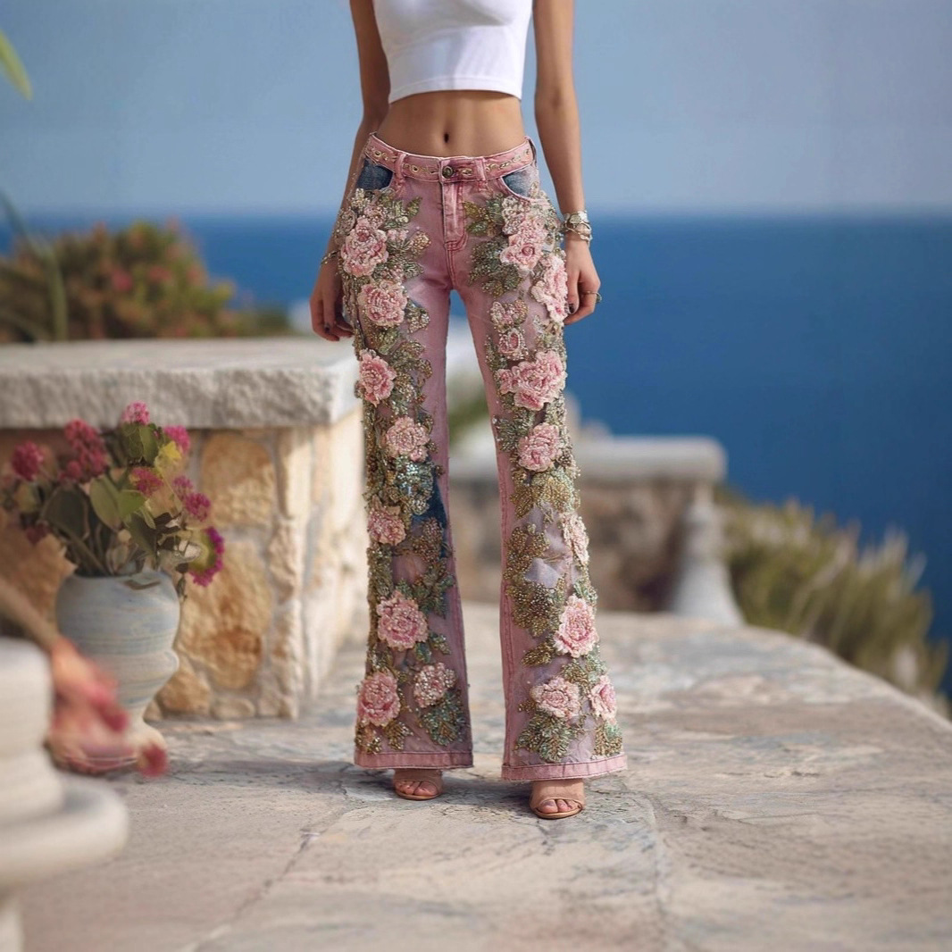 Amazon Cross-Border Independent Platform Digital 3D Printed Women's Floral Faux Denim Pants Fashionable Slimming Flared Pants