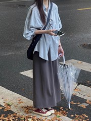 清冷感雾霾蓝色长袖衬衫女初秋装宽松设计感休闲上衣早秋衬衣外套