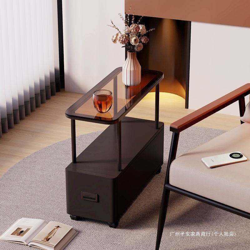 Ultra-Narrow Edge Small Coffee Table, Light Luxury Gap Storage Cabinet, Small Apartment Movable Table, Bedside Storage Cabinet