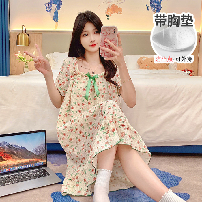 Verano con cojín de pecho espuma pijama de niña de manga corta media y larga ropa de dormir de estudiantes frescos dulces ropa de casa princesa