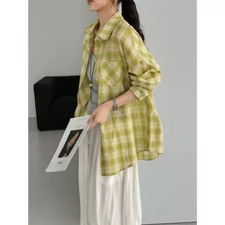 那末 清爽青柠 100棉韩版格子衬衫女夏宽松百搭防晒休闲外套E9563