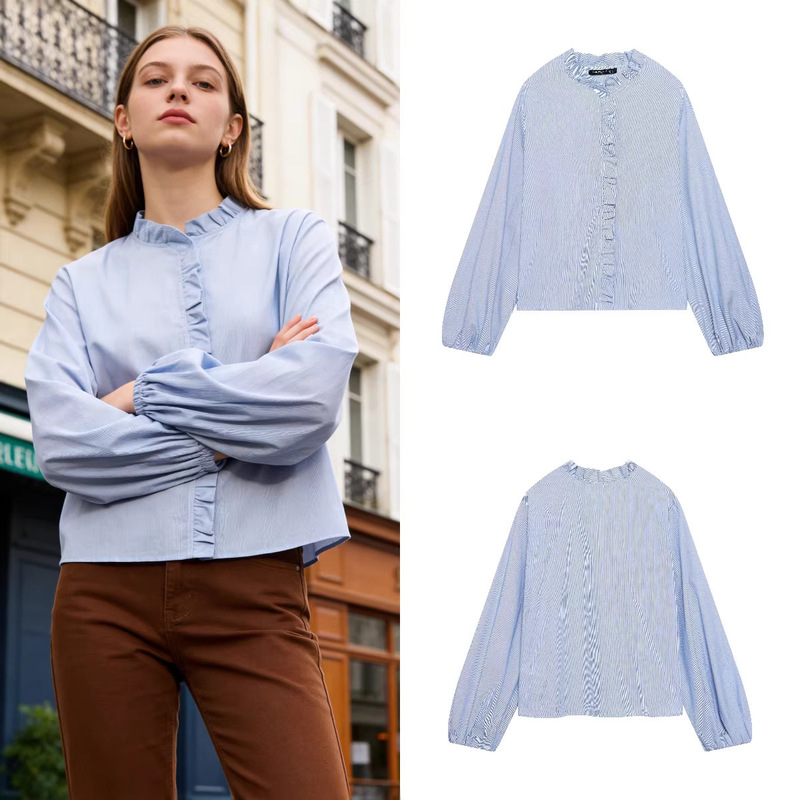 Z Brand Foreign Trade Cross-Border In-Stock European and American Style Women's Clothing 2026 Spring Long-Sleeve Stand Collar Layered Decorative Poplin Shirt Z Brand Foreign Trade Cross-Border In-Stock European and American Style Women's Clothing 2026 Spring Long-Sleeve Stand Collar Layered Decorative Poplin Shirt